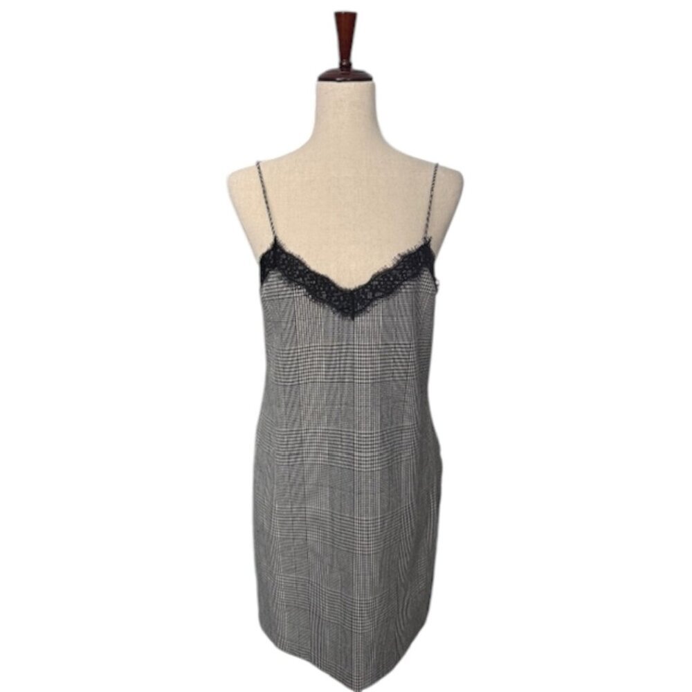Zara Women TRF Collection Dress Black White Plaid Lace Trim Slip Mini Medium EUC - Picture 2 of 16